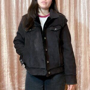 Vintage Chocolate Brown Suede Trucker Jacket W/ Faux Fur Lining